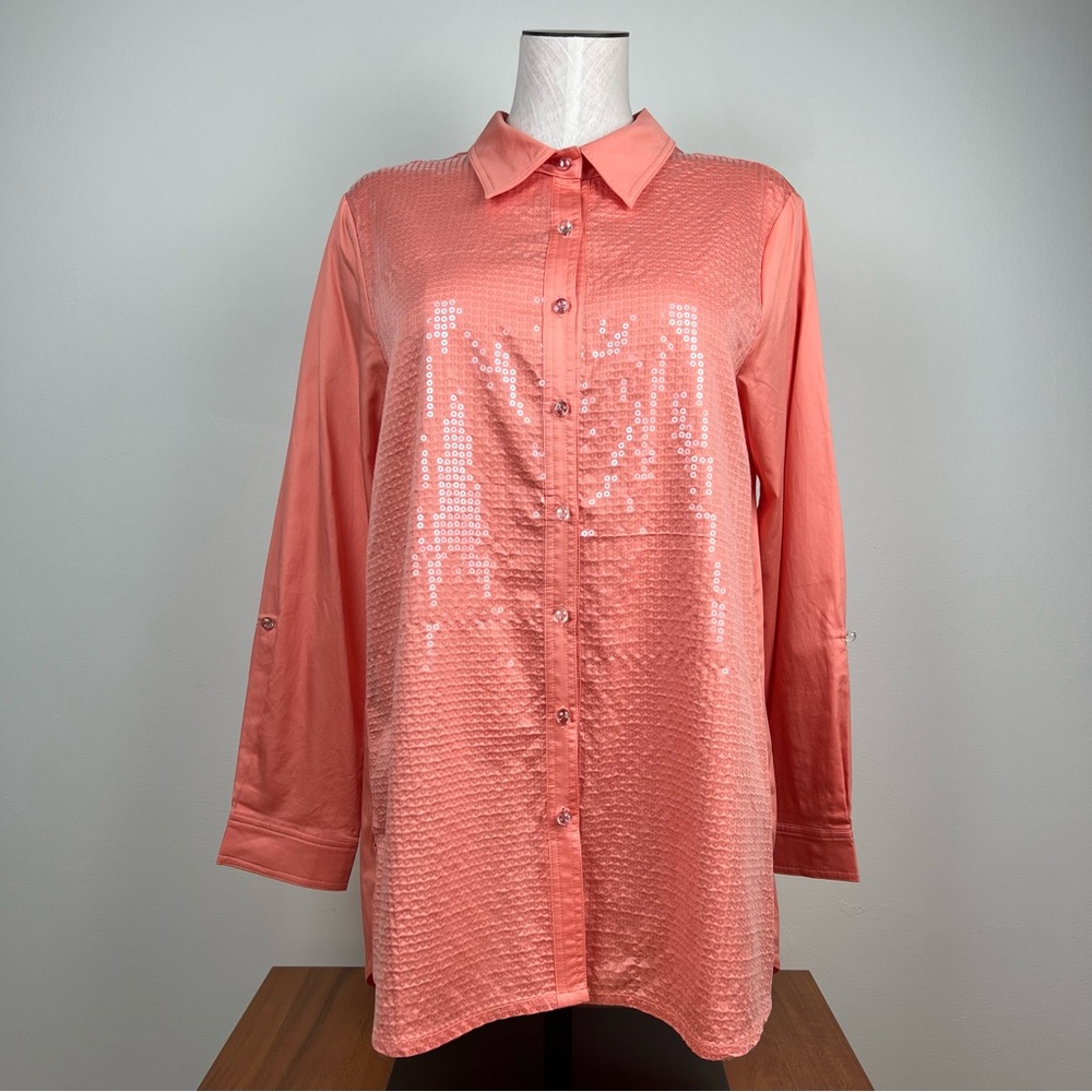 Berek Tangerine Orange Long Sleeve Sequin Button Down Shirt